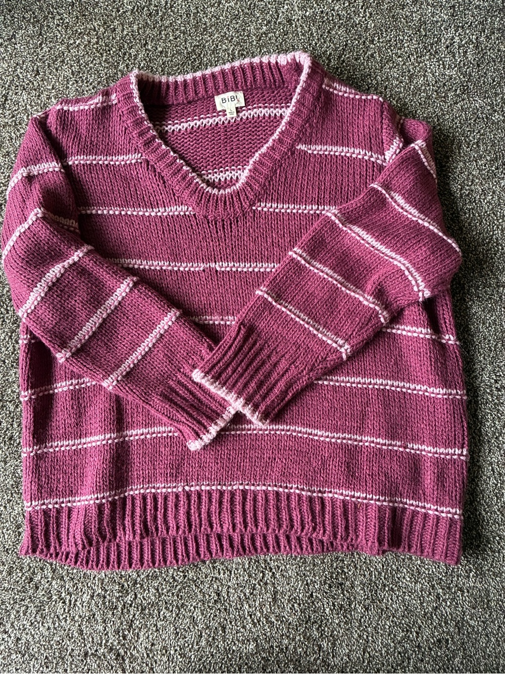 BIBI Ladies V-Neck Striped Pink Sweater
